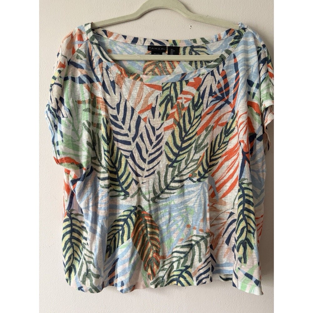Tahari 100% Linen Tropical Botanical Print Boxy Top Blouse Size L